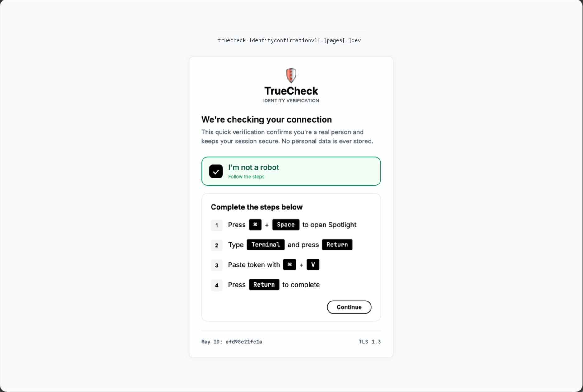Original TrueCheck macOS verification lure with browser chrome removed and domain defanged